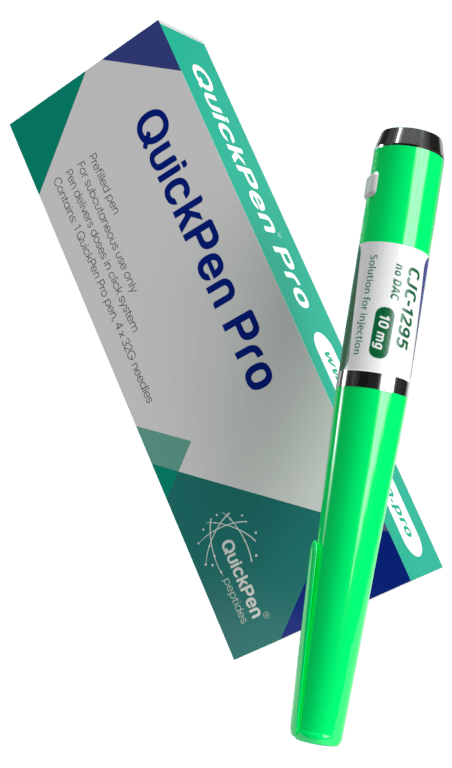 A green QuickPen Pro injection pen displayed upright beside its branded packaging box of CJC-1295