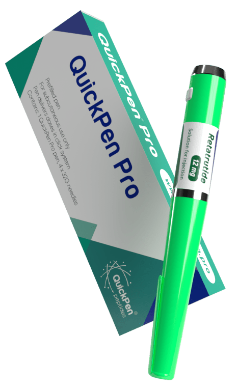 Product image of the QuickPen Pro, a bright green prefilled injection pen positioned next to its retail box. Reta GLP-3R